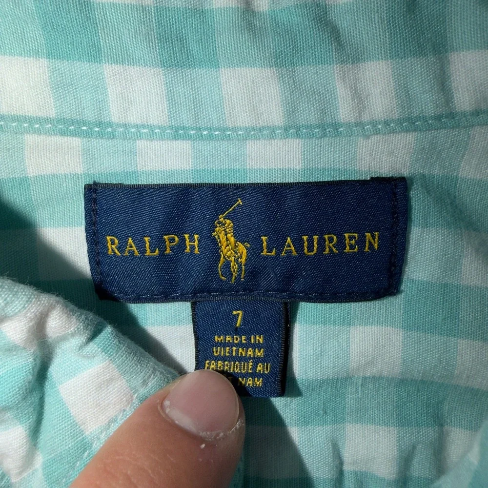 Ralph Lauren Kids Teal Gingham Button Down Shirt Linen Blend Size 7 322785645002
